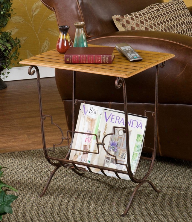 Magazine Rack With Wood Slat Top In Brown Brushed Copper Finish