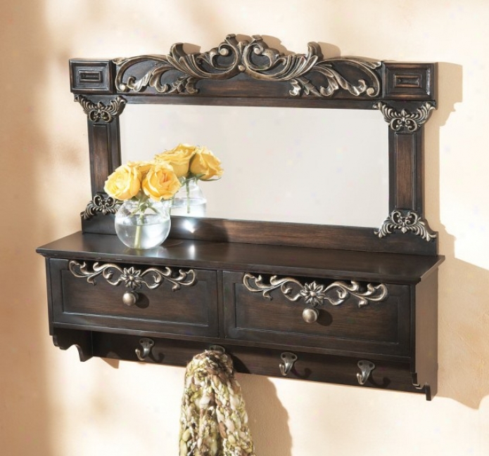 Mantel Wall Mirror With 2 Drawer In Dark Brown Stained Finish