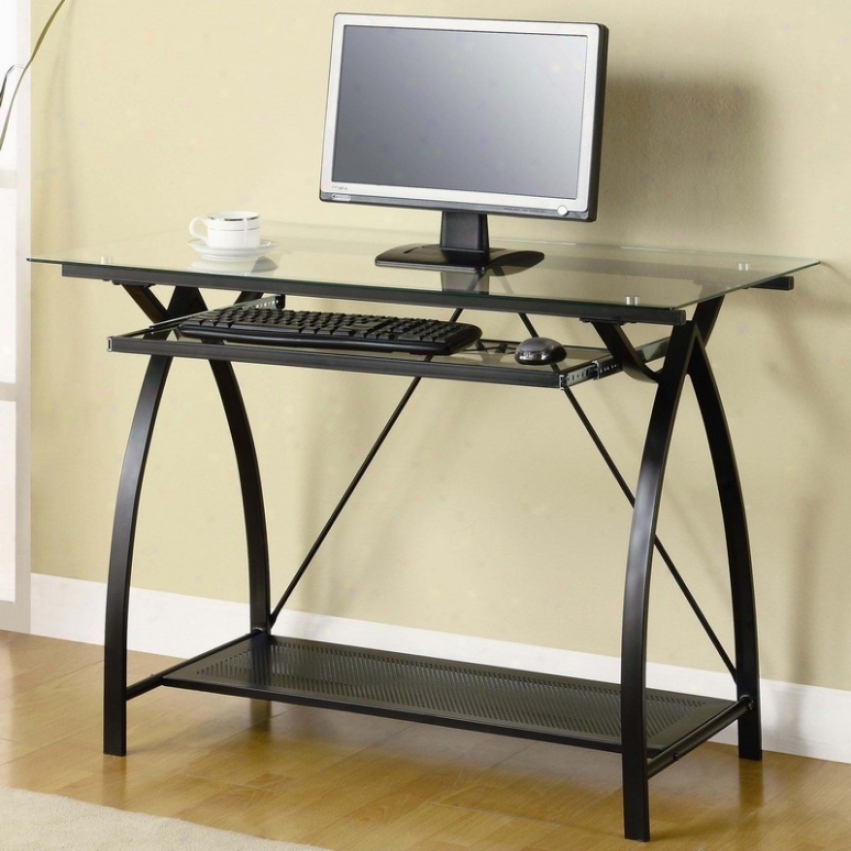 Metal Computer Desk With Glass Top In Gunmetal Finish