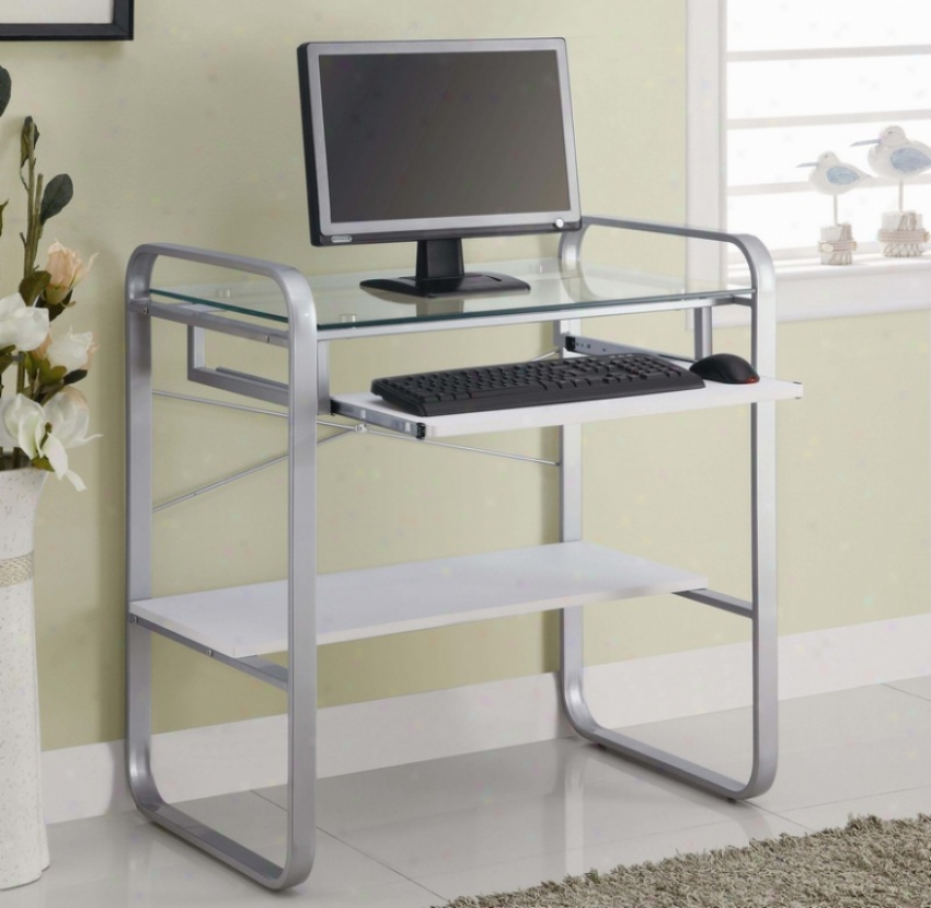 Metal Computer Desk With Glass Top In Silver And White Finish