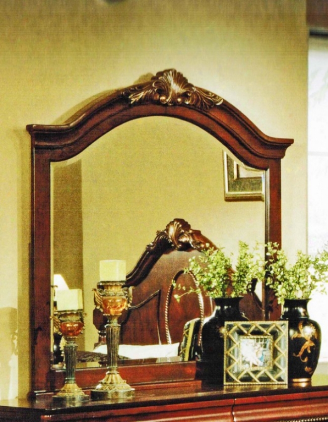 Mirror With Floral Carved Accent In Cherry Finish