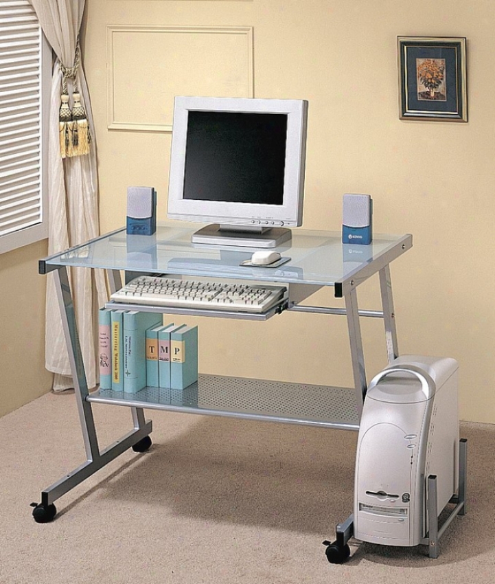 Modern Silver Finish Metal Computer Station Desk Table W/glass Top