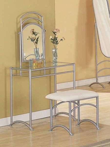 Modern Streamlined Silve Metal Vanity Table Mirror & Stool Bench Set