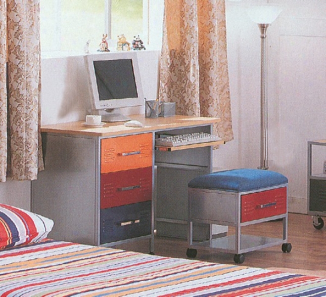 Modern Style Multicolor Computer Desk & Matching Storage Stool
