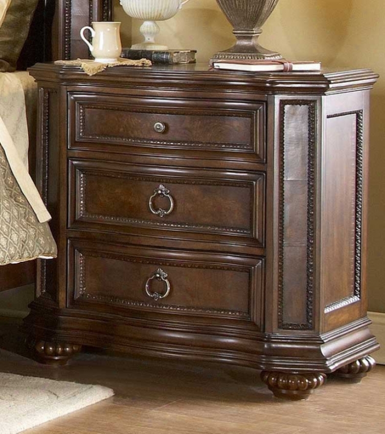 Night Stand With Delicate Carvings In Warm Brown Finish