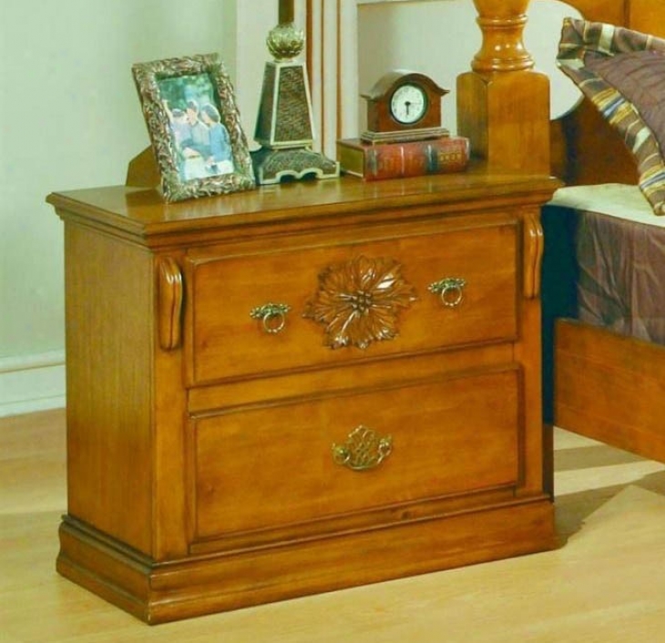 Nightstand With Floral Carving In Pine Finish