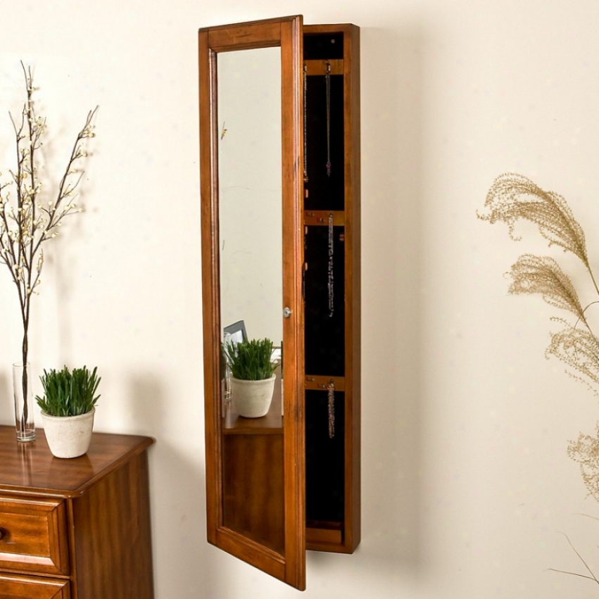 Oak Finish Wall-mount Jewelry Mirror Armoire Organizer