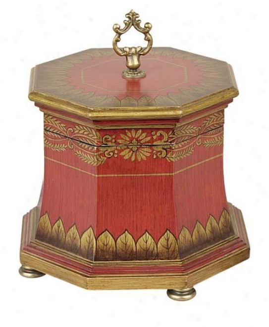 Octagon Wooden Box In Red - Golden Leaf Pattern