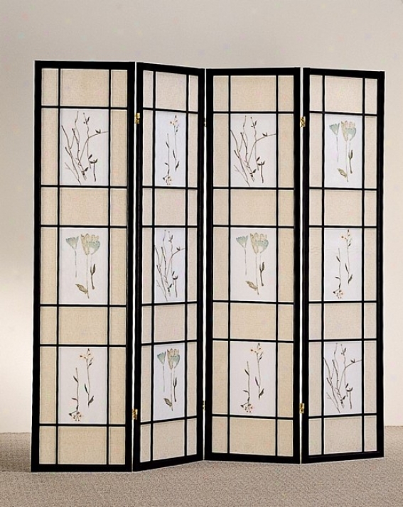 Oriental Floral Accented 4 Panel Black Wood Framed Room Screen Divider