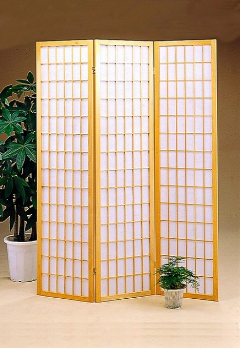 Oriental Style 3 Panel Natural Wood Frame Room Divider Screen