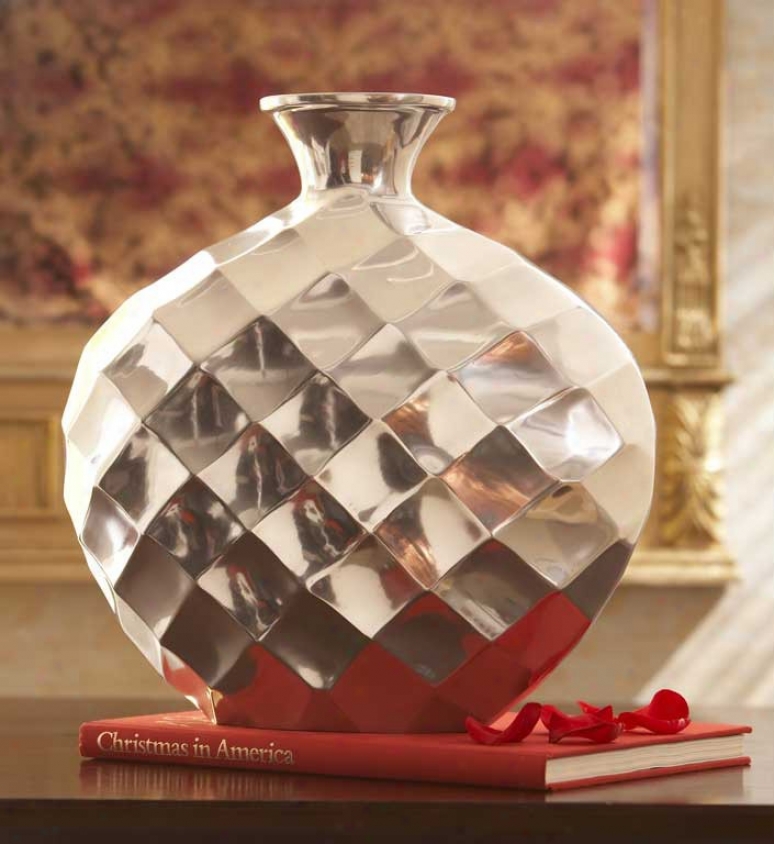 Oval Decorative Vase Diamond Pattern In Bright Aliminum
