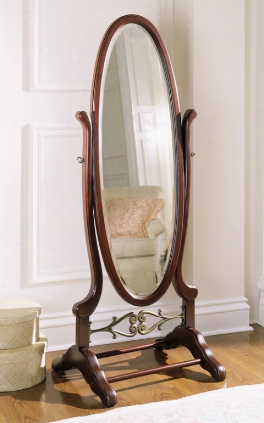 Oval Floor Cheval Mirror With Scroll Language In Heirloom Cherry Finish