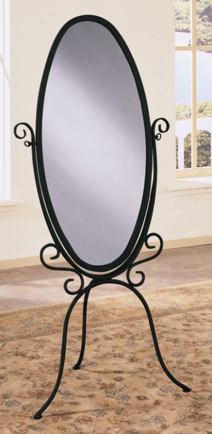 Oval Floor Cheval Mirror With Scroll Metal Frame In Black Finish With Gold Highlights