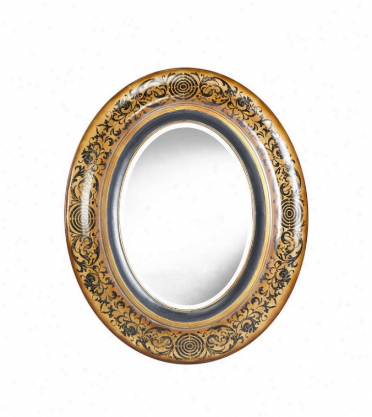 Oval Wall Mirror In Distressed Honey Finish With Hand Painted Black Details