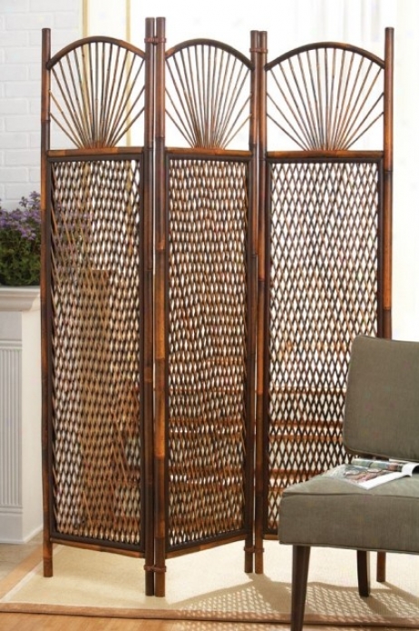 Panel Screen With 3 Array And Fan Accent In Brown Finish