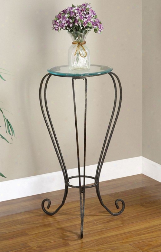 Plant Stand With Scroll Deslgn And Glass Top In Bronze Finish