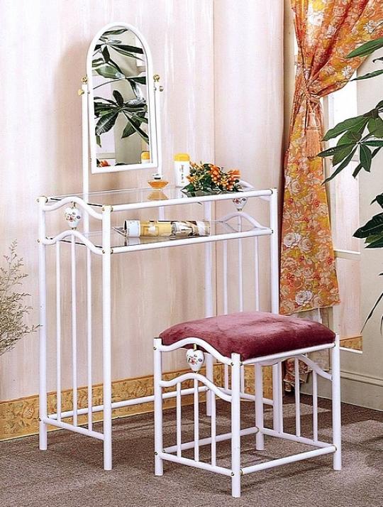 Porcelaln Heart White Finih Metal Vanity Set W/mirror & Matching Stool/bench