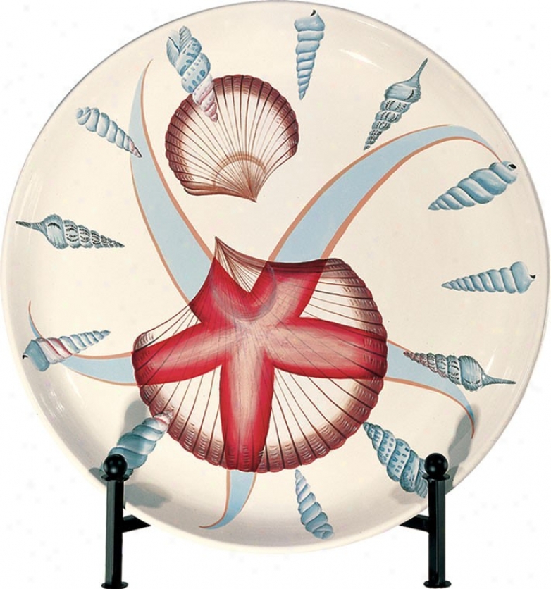Porcelain Plate With Stand - Red And Green Seashells
