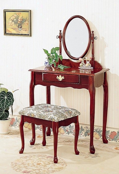 Queen Anne Style Cherry Finish Wood Vanity Table Stool/bench & Mirror Set