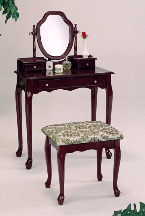 Queen Anne Style Cherry Finish Wood Vanity Table Tapestry Stool & Mirror Set