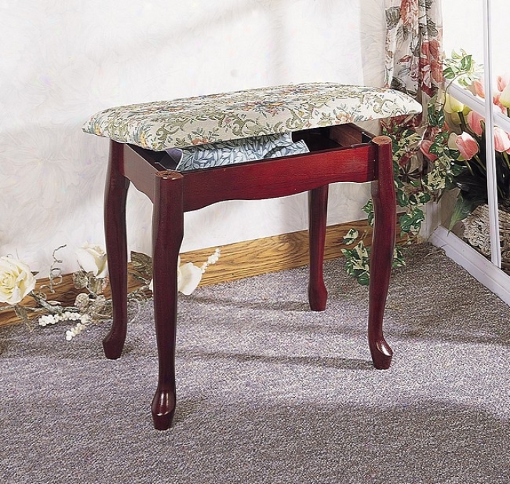 Queen Anne Style Legs Cherry Finish Wood Vanity Stool W/storage