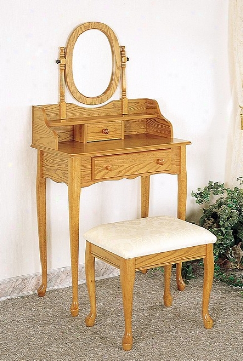 Queen Anne Style Oak Finish Wood Vanity Table Stool/bench &M irror Set