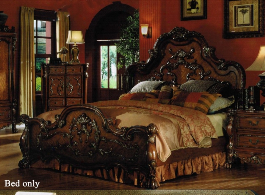 Queen Size Bed With Floral Carvings In Brown Cherry Finish
