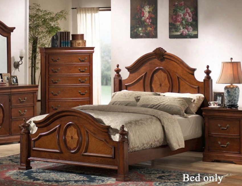 Queen Size Bed With Floral Imitate In Caramel Finish