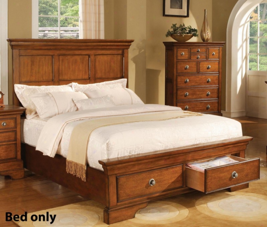 Queen Size Bed With Footboard Storage Drawers In Light Brown Finish