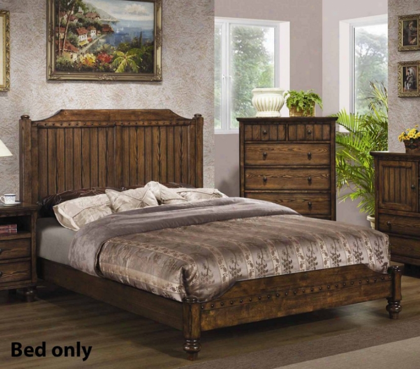 Queen Size Bed With Planked Details In Medium Brown Finish