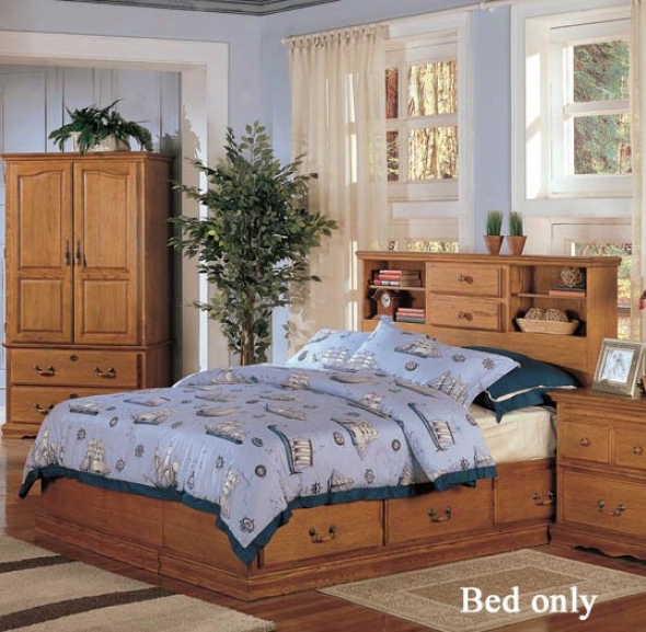 Queen Size Bed With Stoage Headboard In Light Brown Finish