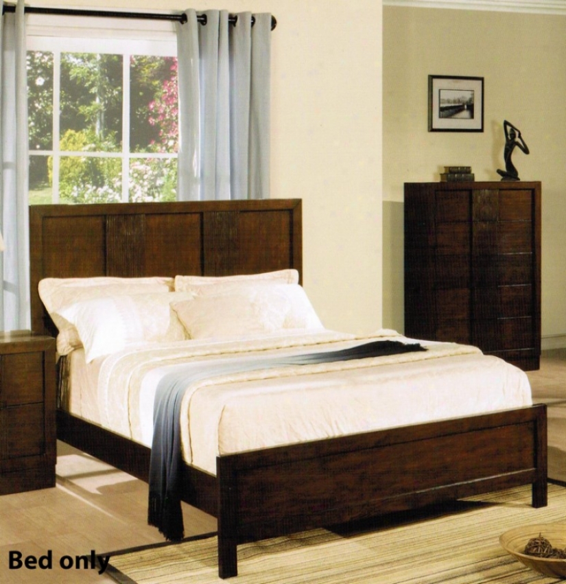 Queen Size Bed With Vertical Line Carving In Brown Finish