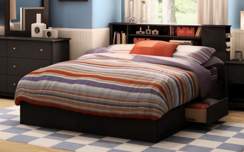 Queen Size Mates Bed With Bookcase Headboard In Solud Black Finish