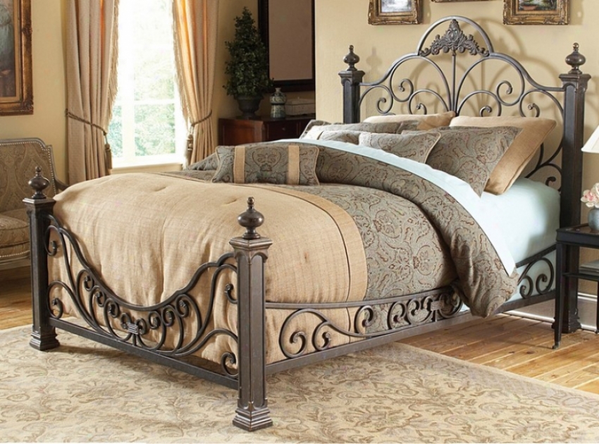 Queen Size Metal Bed With Rails - Baroque Traditional Design In Gilded Slate Finish