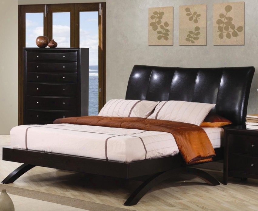 Queen Size Platform Bed Arc Style In Bllack Faux Leather Cappuccino Wood Base
