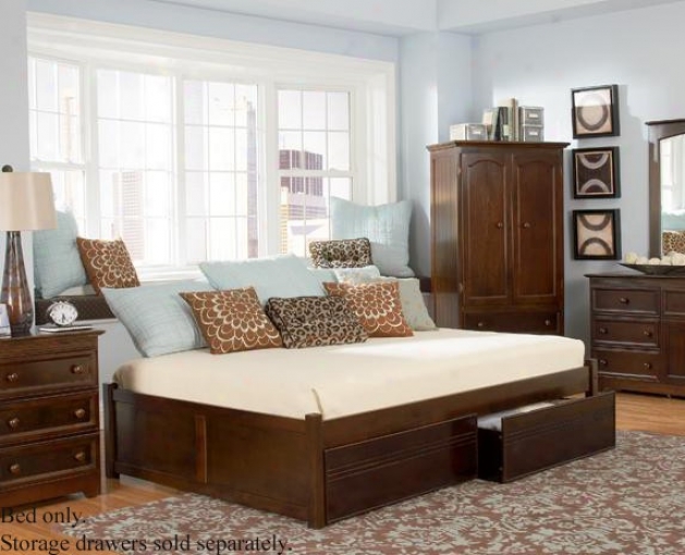 Queen Size Platform Bed With Flat Array Footboard Antique Walnut Finish