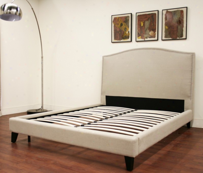 Queen Size Platform Bed With Nail Head Accents In Cream Fabric