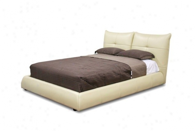 Queen Size Platform Bed With Split Design In Beige Leather