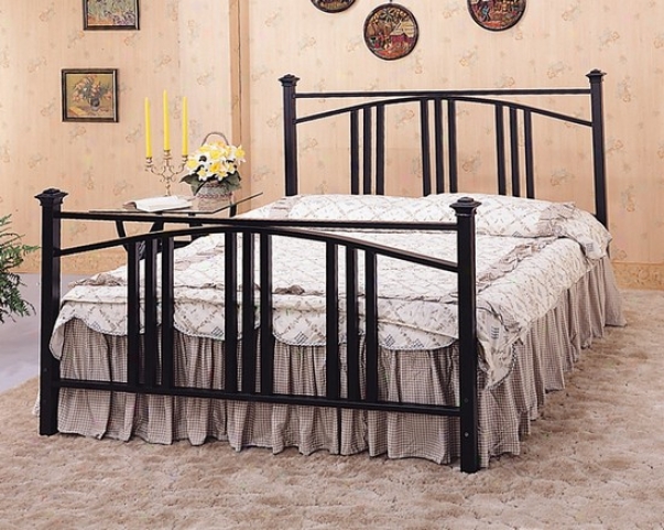 Queen Size Satin Black Convex Mission Style Metal Bed Headboard And Footboard
