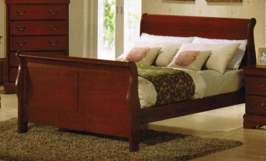 Queen Size Sleigh Bed In Cherry Oak Finish