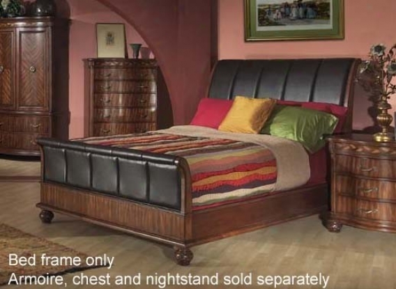 Queen Size Sleigh Bed With Leather Upholstered Design In Dark Walnut Finish