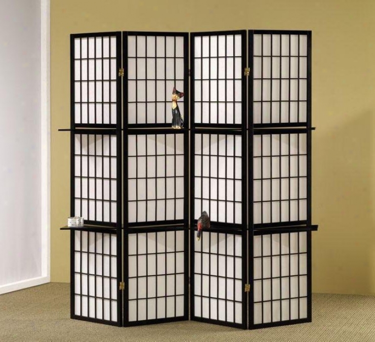 Room Divider Panel Folding Screen With Wood Shelves In Black Finish