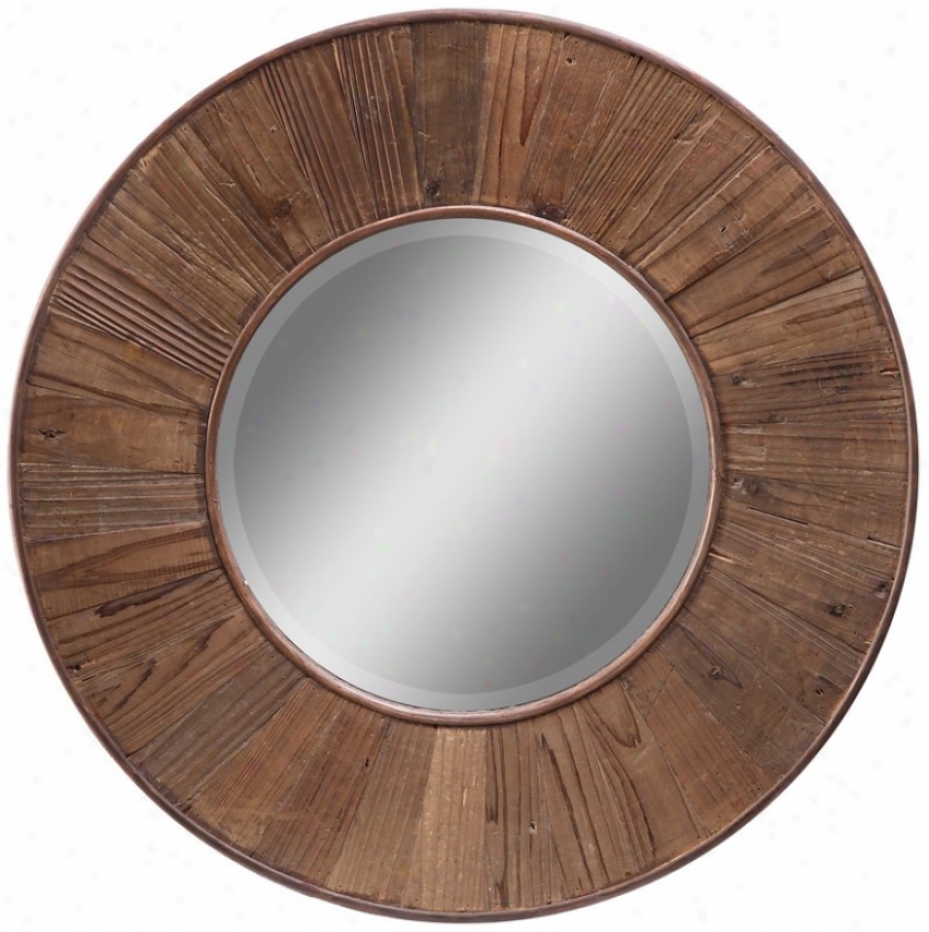 Round Beveled Wall Mirror In Natural Rural Wood Finish