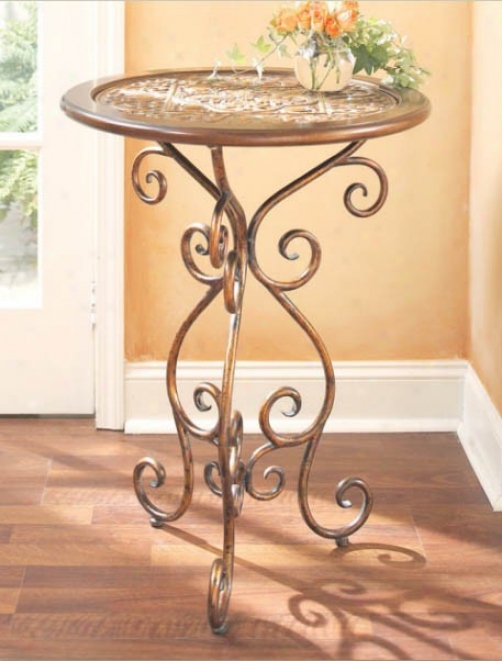 Round Table With Wood Bordef Scroll Tripod Legs In Gold