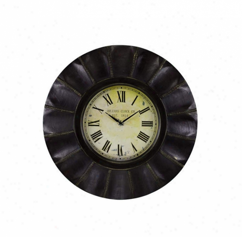 Round Wall Clock In Distressed Dark Brown Finish With Gold Accents