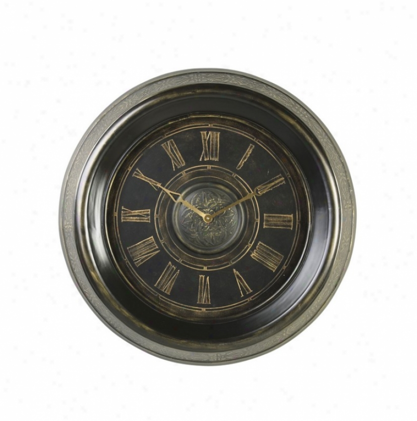 Round Wall Clock With Black Finished Fraame And Aged Gold Accents