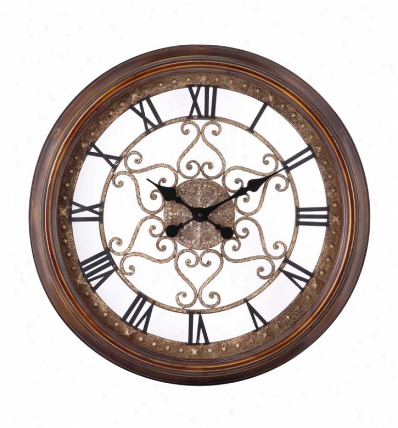 Round Wall Clock With Crafted Heart Pattern In Distressed Copper Finish