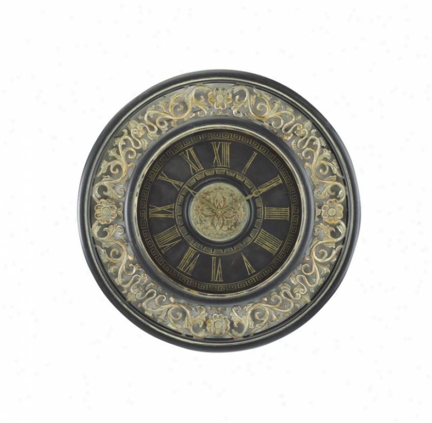 Round Wall Clock With Floral And Vine Detaails Frame In Blafk Finish