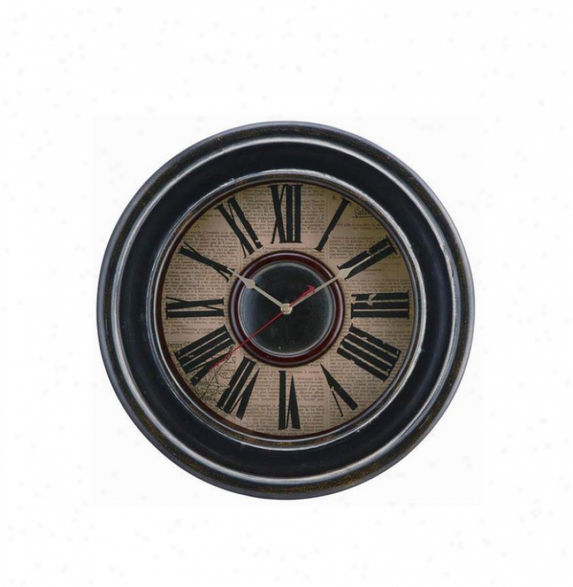 R0und Wall Clock With Newspaper Design Face In Distressed Black Finish