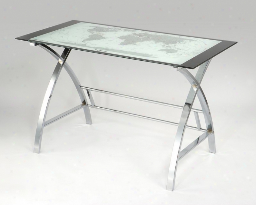 Secretary eDsk With World Map Glass Top In Chrome Finish
